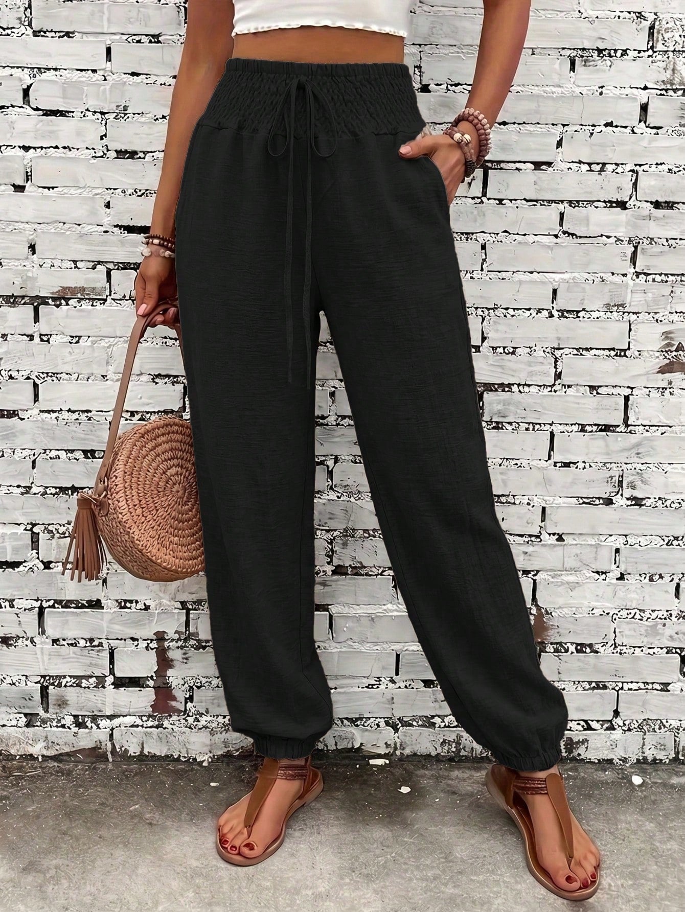 Women's Fashion Commute Solid Color Faux Linen Waist Tie Pocket Long Pants, Fashion Casual Trousers Black