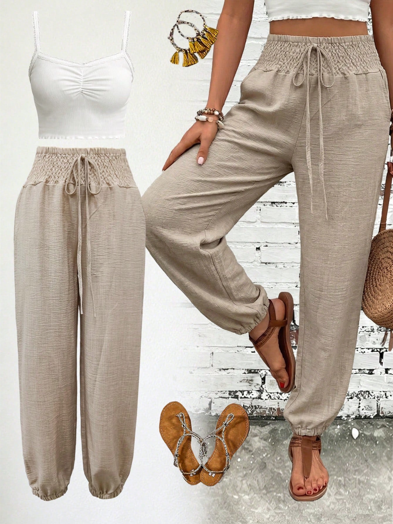 Women's Fashion Commute Solid Color Faux Linen Waist Tie Pocket Long Pants, Fashion Casual Trousers Black