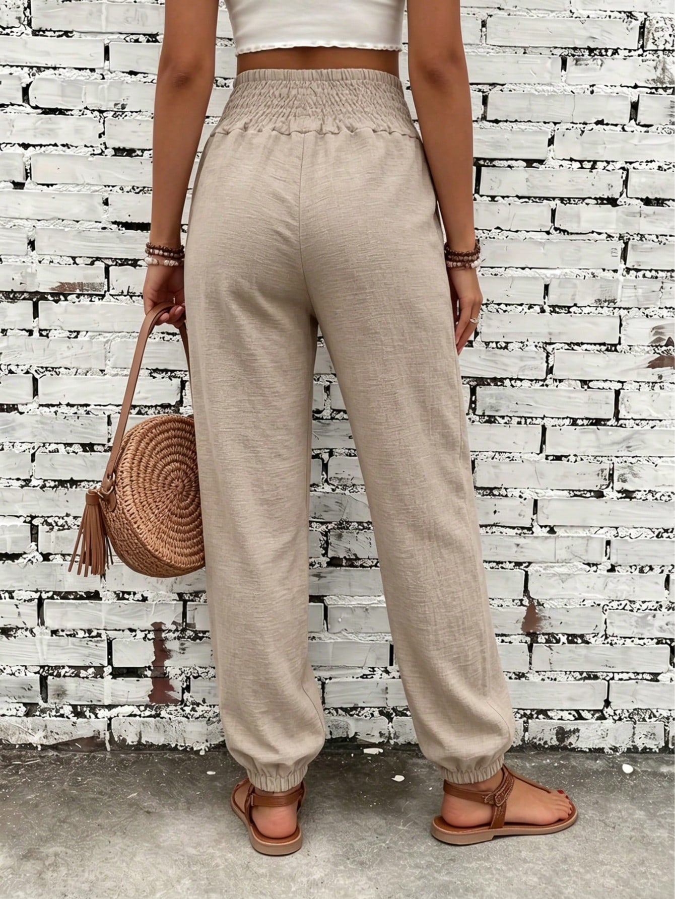 Women's Fashion Commute Solid Color Faux Linen Waist Tie Pocket Long Pants, Fashion Casual Trousers Black