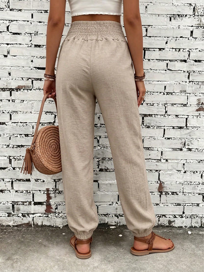 Women's Fashion Commute Solid Color Faux Linen Waist Tie Pocket Long Pants, Fashion Casual Trousers Black
