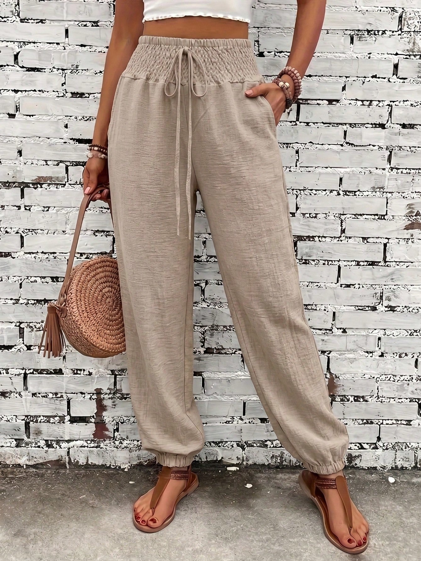 Women's Fashion Commute Solid Color Faux Linen Waist Tie Pocket Long Pants, Fashion Casual Trousers Black