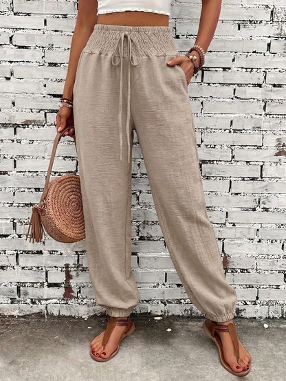 Women's Fashion Commute Solid Color Faux Linen Waist Tie Pocket Long Pants, Fashion Casual Trousers Black