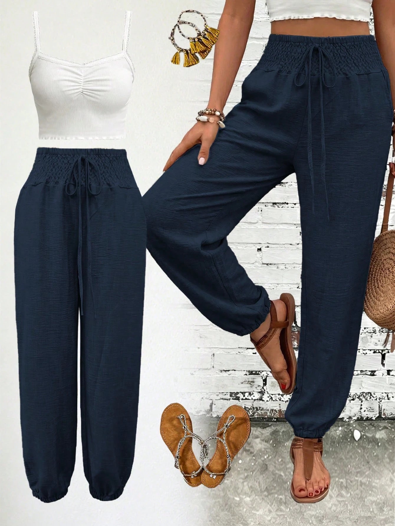 Women's Fashion Commute Solid Color Faux Linen Waist Tie Pocket Long Pants, Fashion Casual Trousers Black