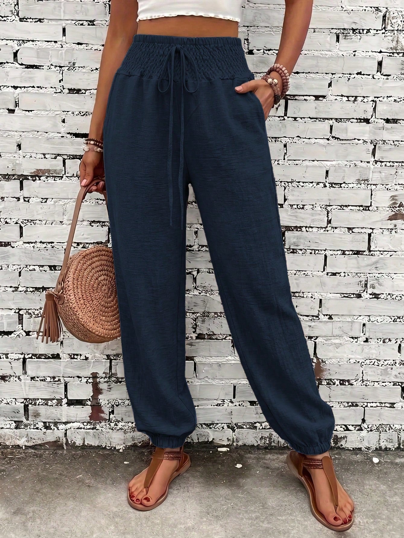 Women's Fashion Commute Solid Color Faux Linen Waist Tie Pocket Long Pants, Fashion Casual Trousers Black