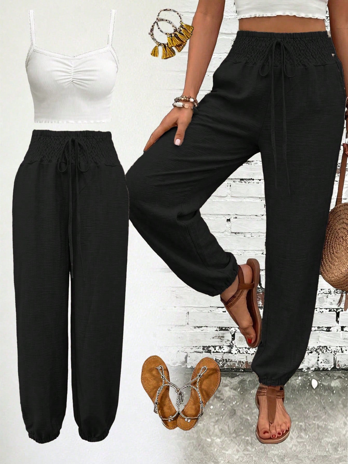 Women's Fashion Commute Solid Color Faux Linen Waist Tie Pocket Long Pants, Fashion Casual Trousers Black