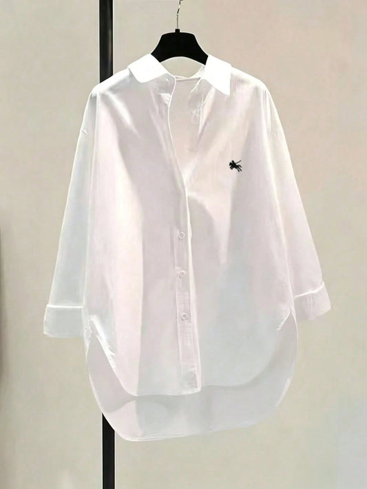 Women's Fashion New Embroidered Button-Up Shirt White Spring