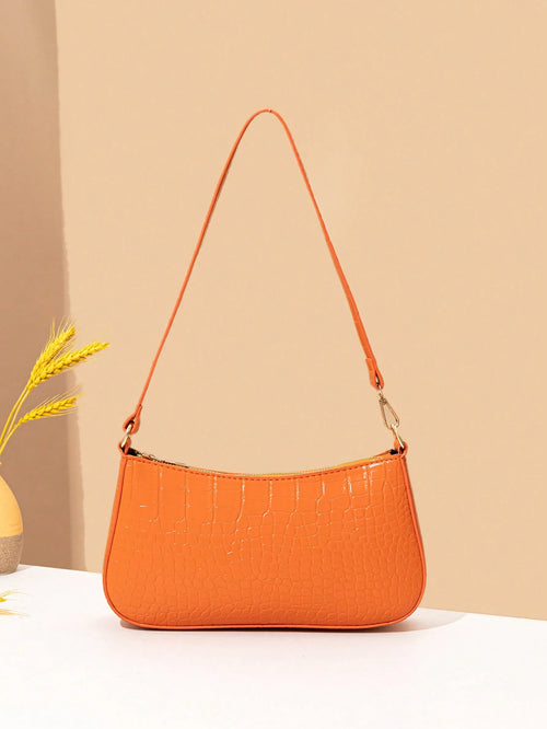 Women's Fashion Solid Color Crocodile Pattern Baguette Shoulder Bag