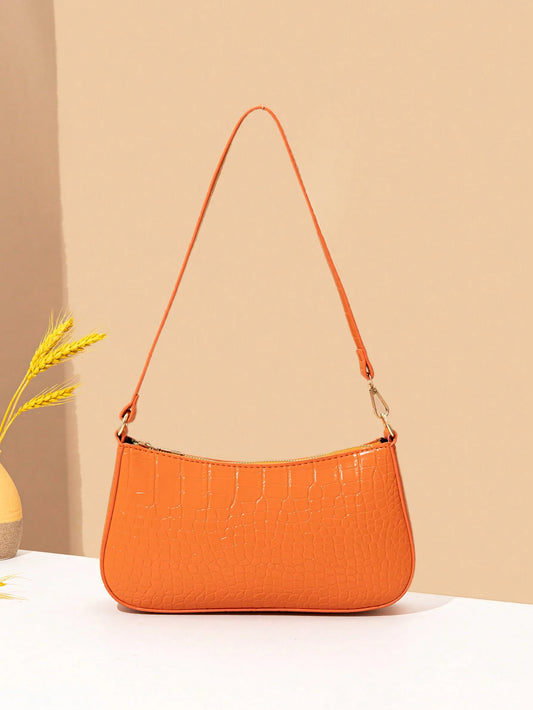 Women's Fashion Solid Color Crocodile Pattern Baguette Shoulder Bag