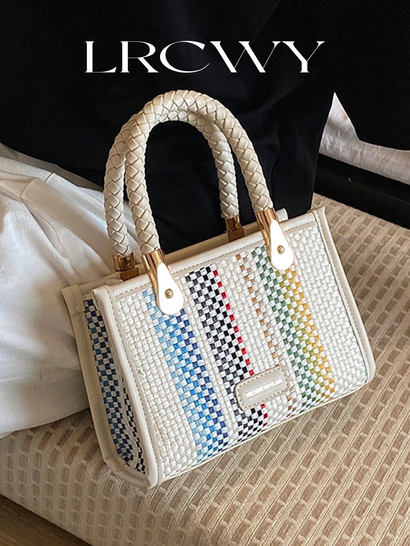 Women's Fashionable Elegant Square Handbag With Rainbow Stripes, White, Crossbody