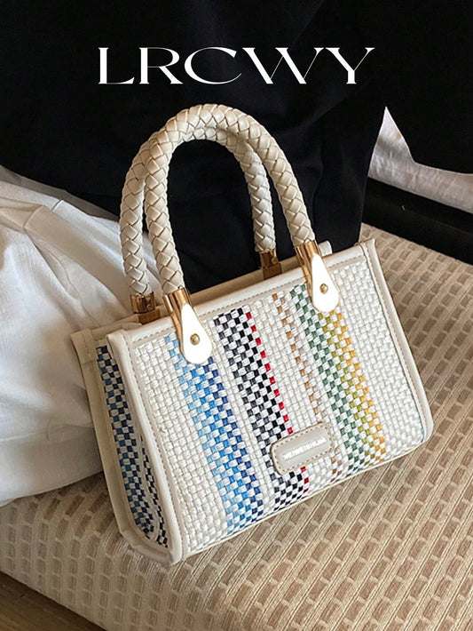 Women's Fashionable Elegant Square Handbag With Rainbow Stripes, White, Crossbody