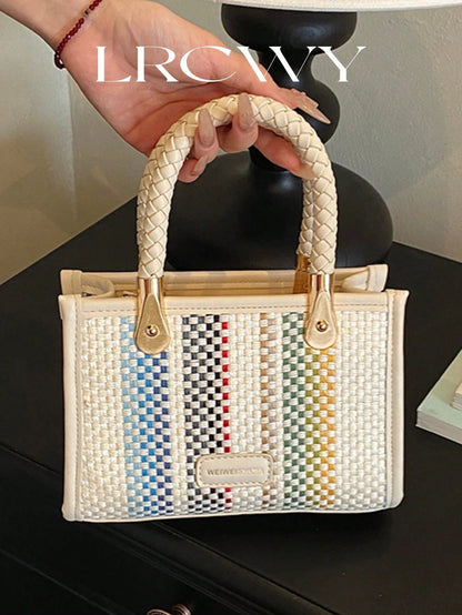 Women's Fashionable Elegant Square Handbag With Rainbow Stripes, White, Crossbody
