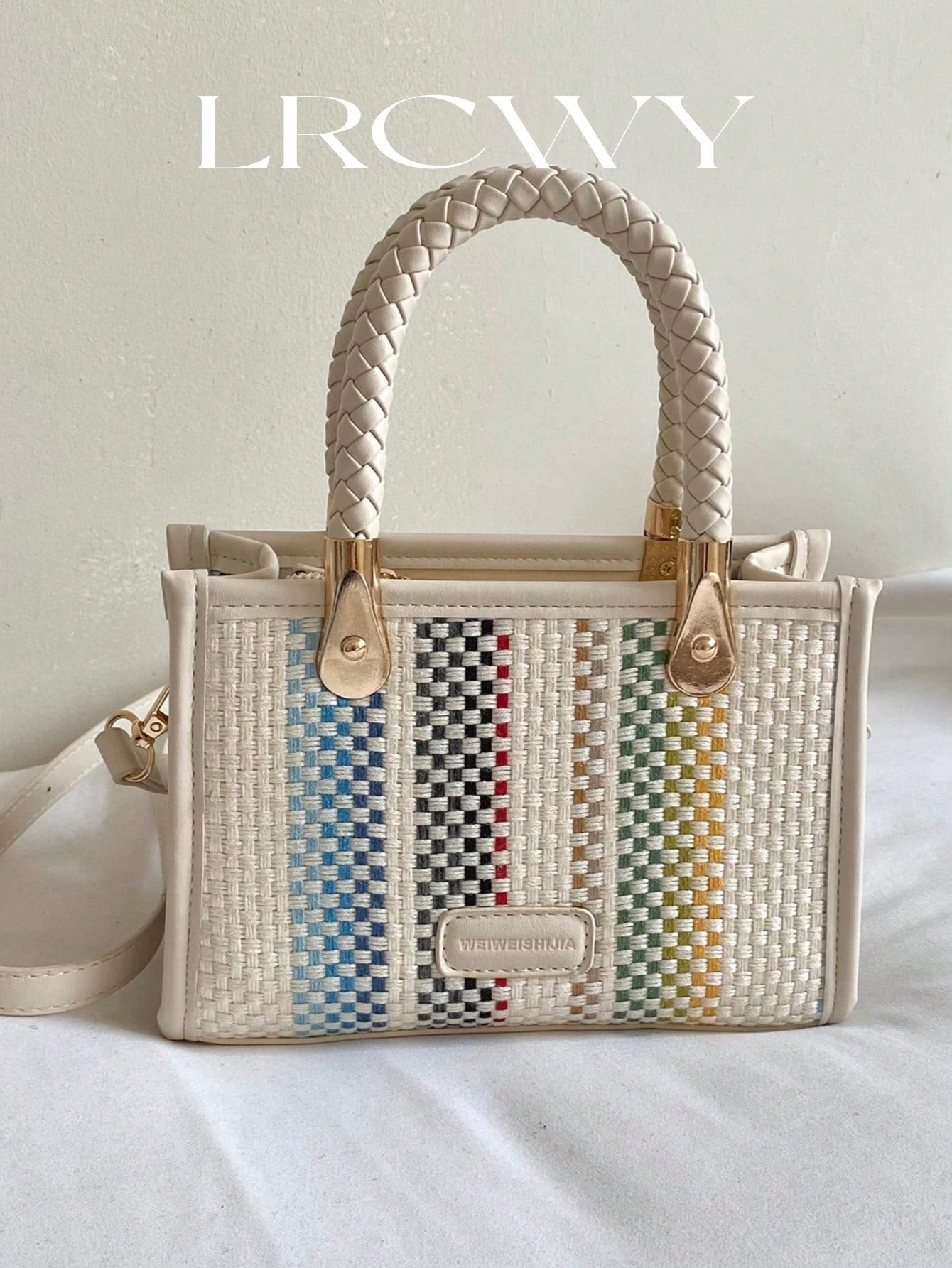 Women's Fashionable Elegant Square Handbag With Rainbow Stripes, White, Crossbody