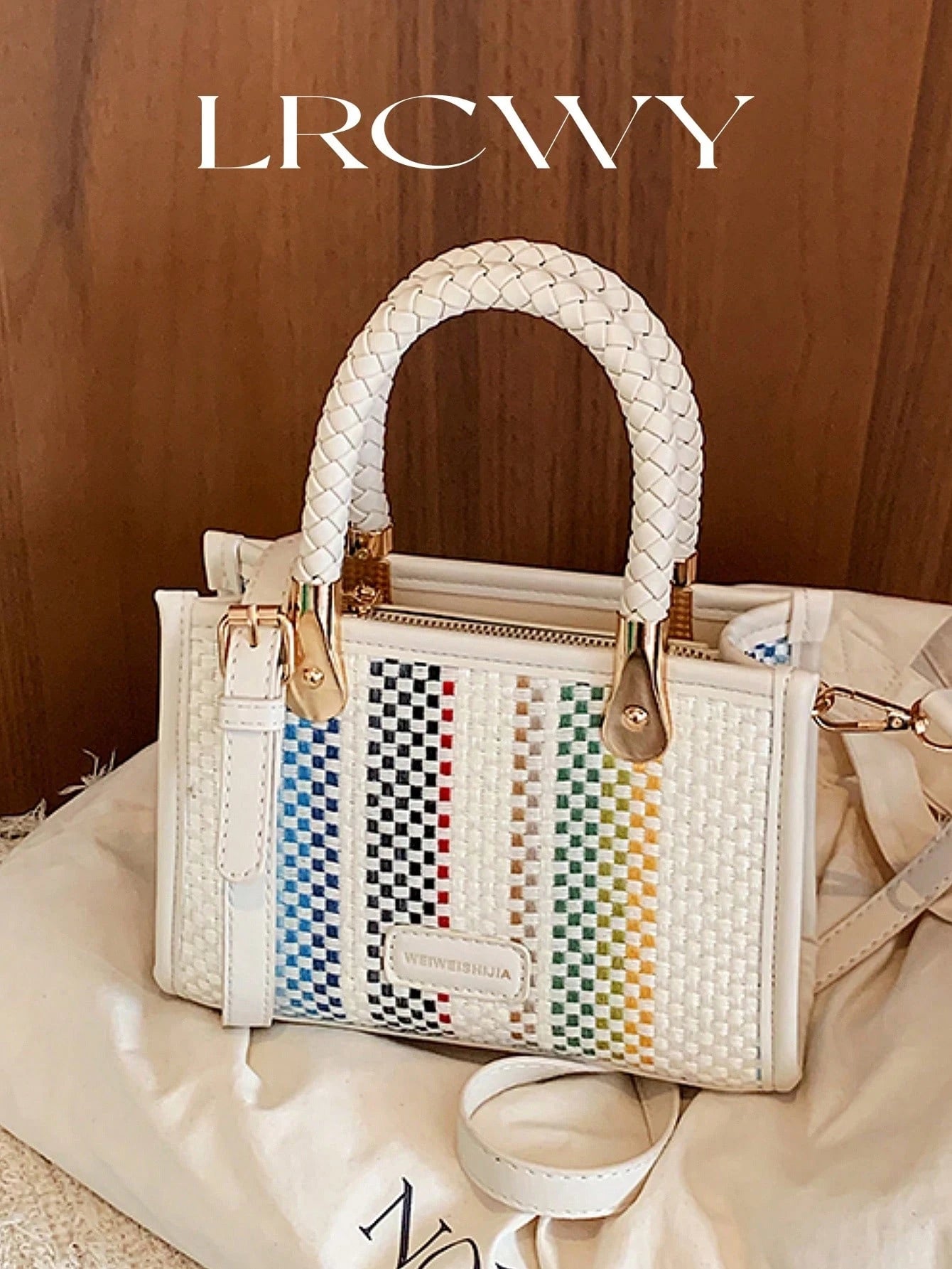 Women's Fashionable Elegant Square Handbag With Rainbow Stripes, White, Crossbody