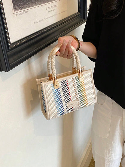 Women's Fashionable Elegant Square Handbag With Rainbow Stripes, White, Crossbody