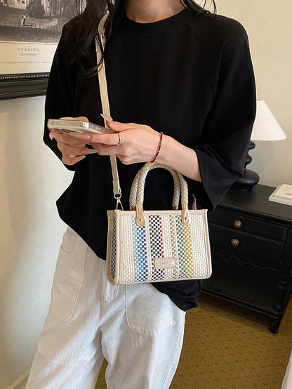 Women's Fashionable Elegant Square Handbag With Rainbow Stripes, White, Crossbody