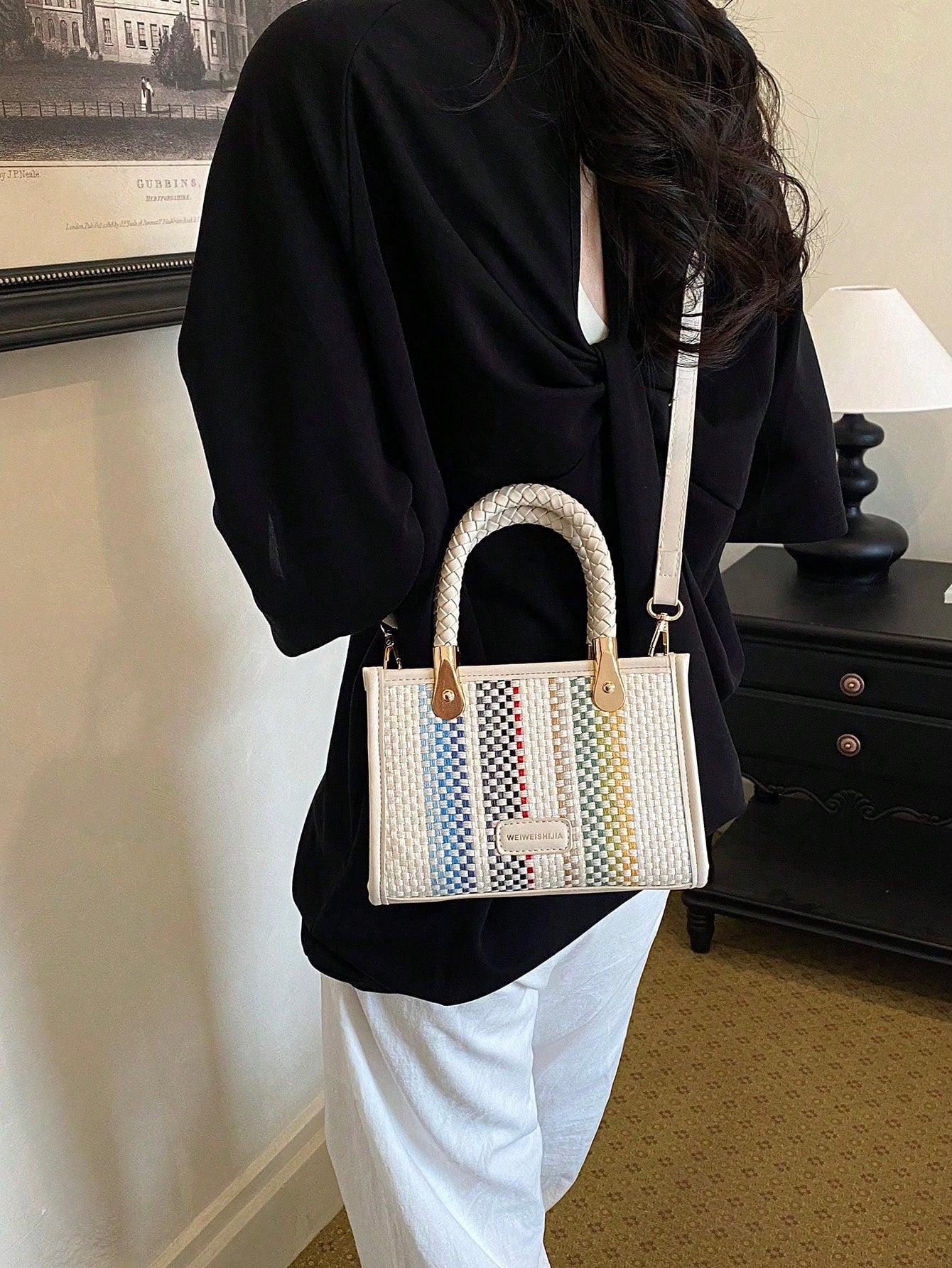 Women's Fashionable Elegant Square Handbag With Rainbow Stripes, White, Crossbody