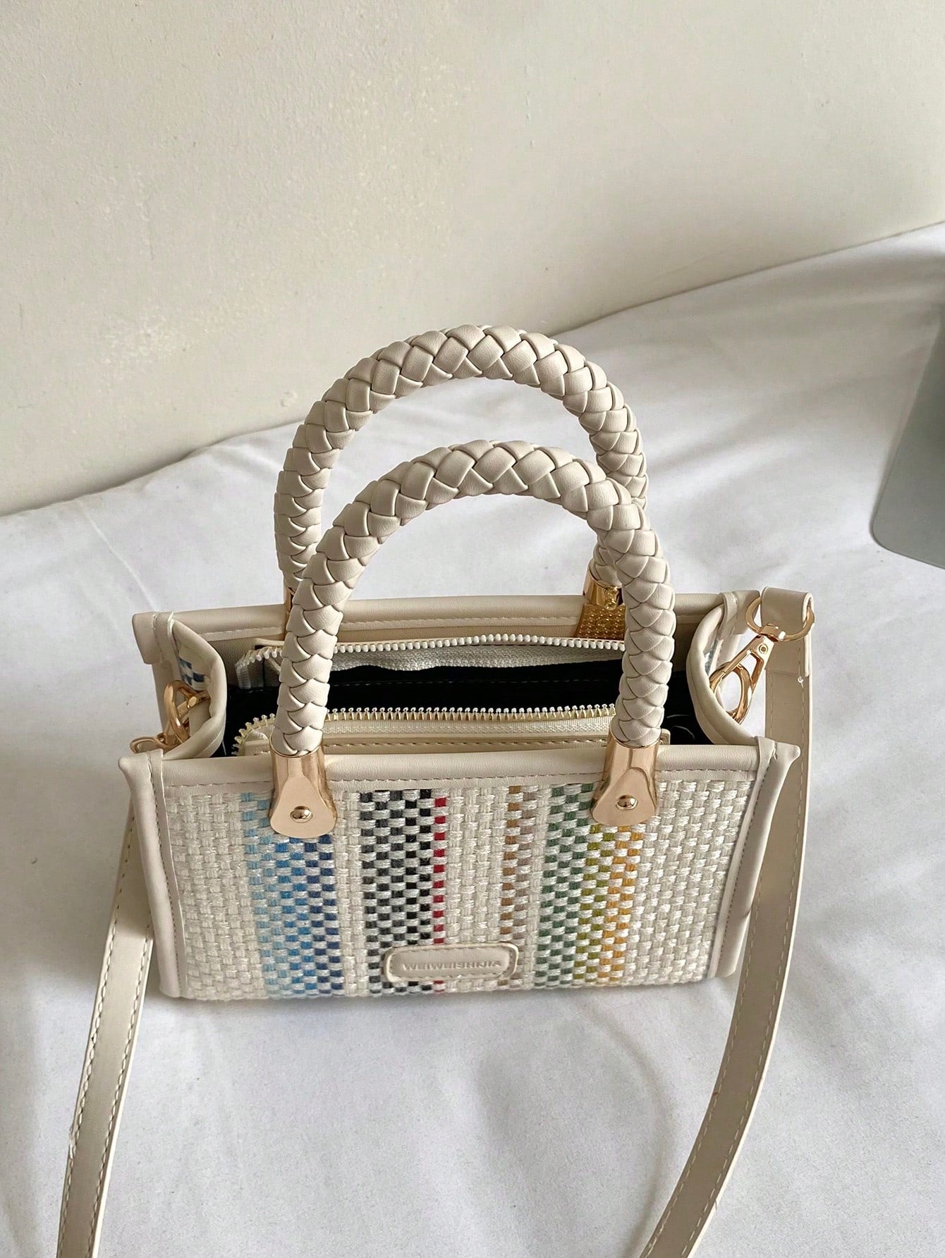 Women's Fashionable Elegant Square Handbag With Rainbow Stripes, White, Crossbody