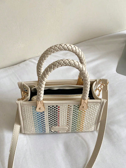Women's Fashionable Elegant Square Handbag With Rainbow Stripes, White, Crossbody