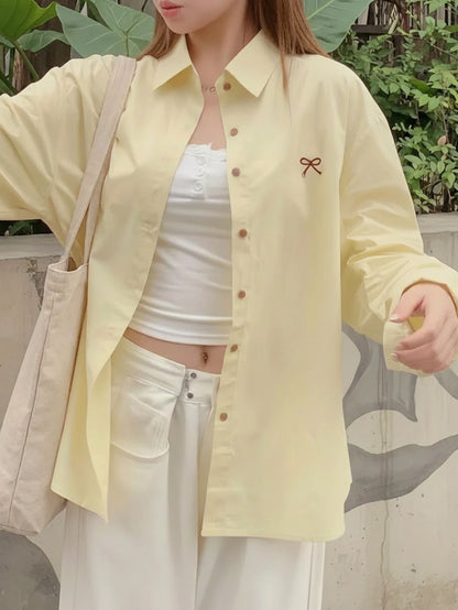 Women's Fashionable Yellow Polyester Shirt With Stand Collar, Dropped Shoulders And Cute Bow Embroidery Spring