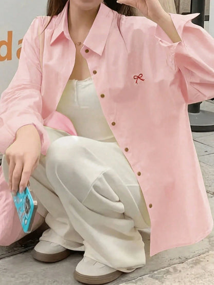 Women's Fashionable Yellow Polyester Shirt With Stand Collar, Dropped Shoulders And Cute Bow Embroidery Spring