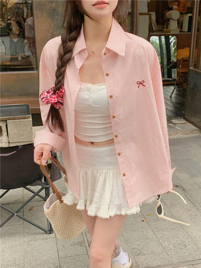 Women's Fashionable Yellow Polyester Shirt With Stand Collar, Dropped Shoulders And Cute Bow Embroidery Spring