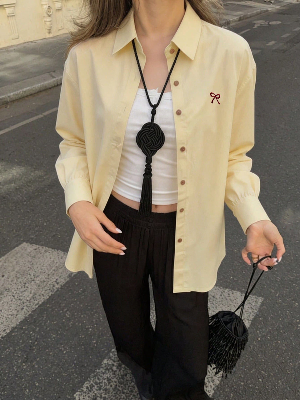 Women's Fashionable Yellow Polyester Shirt With Stand Collar, Dropped Shoulders And Cute Bow Embroidery Spring