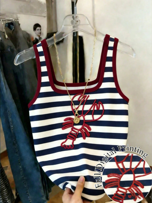 Women's Fitted Camisole Top With Shrimp Print In Blue And Red