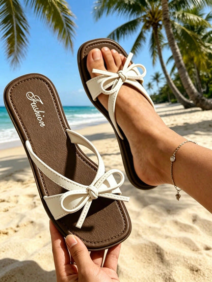 Women's Flat Sandals, Fashionable New Summer Shoes, White Butterfly Sandals [Shoes Run Small By Two Sizes], Simple Versatile Summer Slippers, Square Toe, White Sandals, Soft Sole Open Toe, Women's San