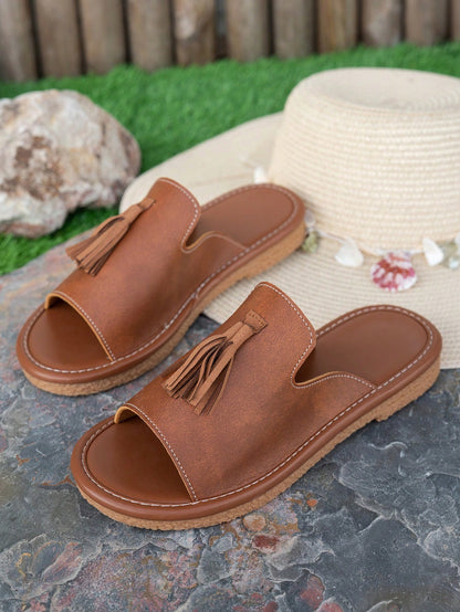 Women's Fringe Decor Flat Sandals, Beach Resort Bohemian Slippers, Fashionable Versatile Outdoor Wear,Summer Shoes