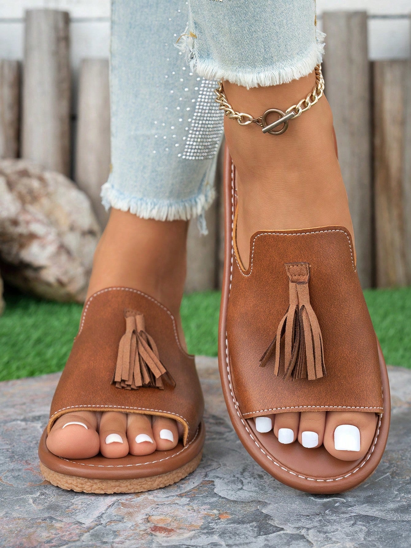 Women's Fringe Decor Flat Sandals, Beach Resort Bohemian Slippers, Fashionable Versatile Outdoor Wear,Summer Shoes