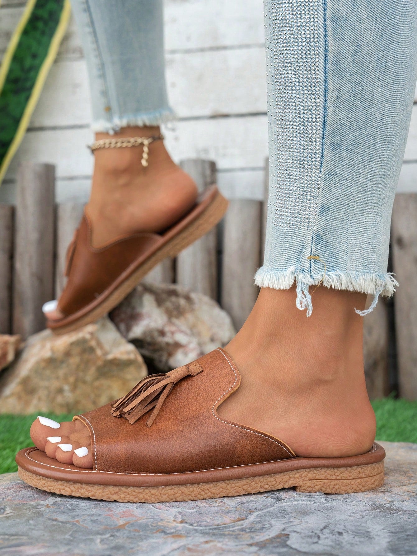 Women's Fringe Decor Flat Sandals, Beach Resort Bohemian Slippers, Fashionable Versatile Outdoor Wear,Summer Shoes