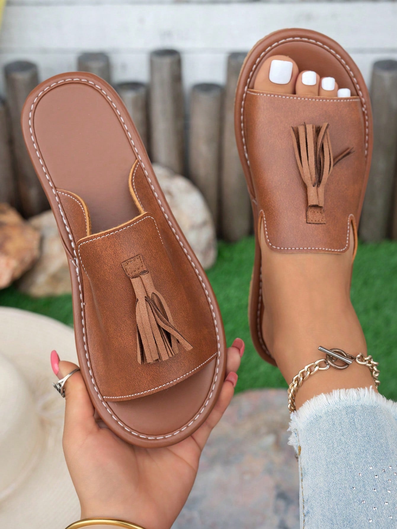 Women's Fringe Decor Flat Sandals, Beach Resort Bohemian Slippers, Fashionable Versatile Outdoor Wear,Summer Shoes