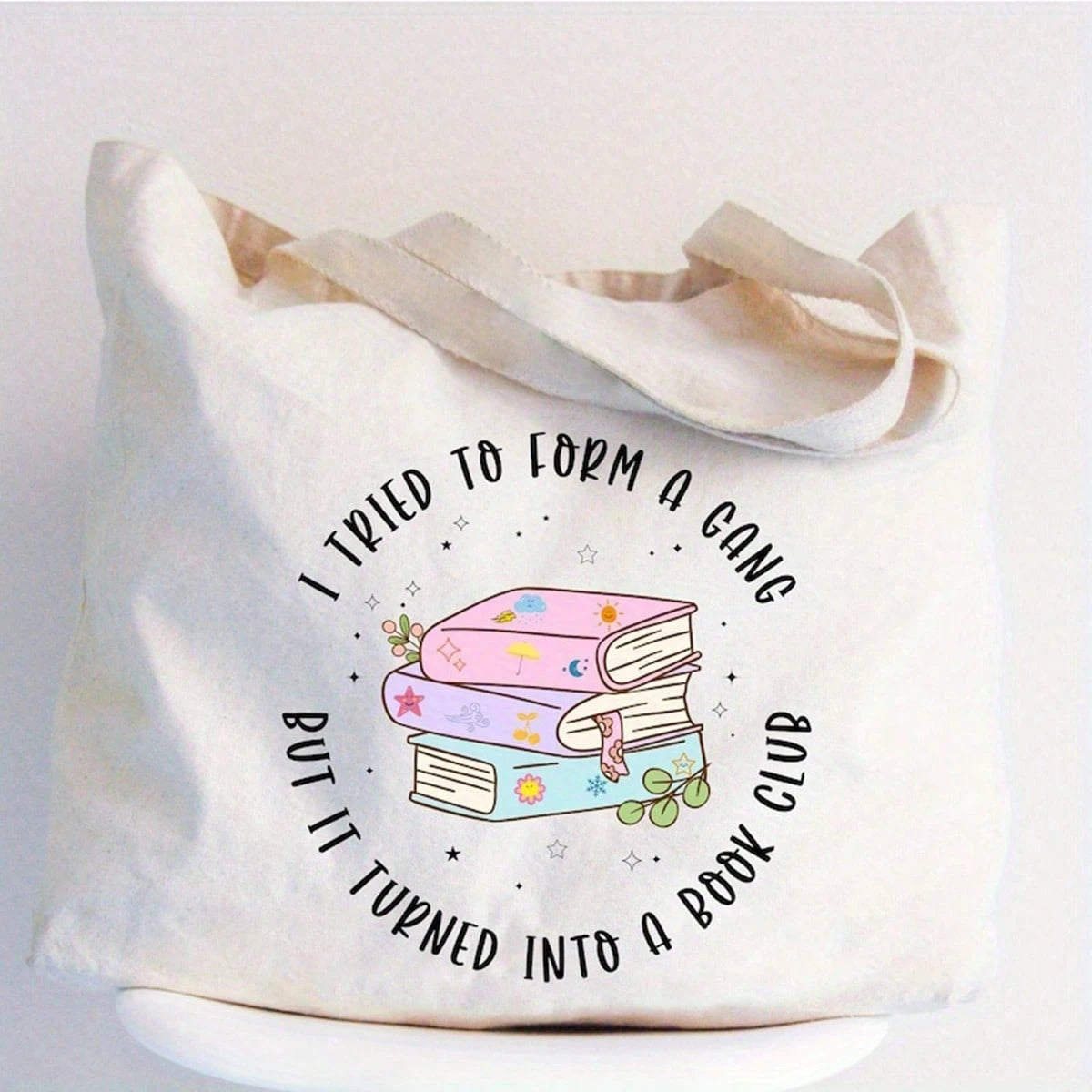 Women's Funny Book Lover Tote Bag- "I Tried To Form A Gang But It Turned Into A Book Club" Printed Grocery Bag With Pastel Books & Stars Design- Lightweight Polyester Canvas For Library, Birthday Pa
