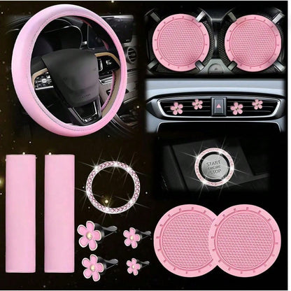 Women's Genuine Leather Steering Wheel Cover 10-Piece Set 14.5-15 Inch Car Accessories With Seat Belt Shoulder Pads, Seat Belt Cover Cup Holder, Start Button Ring Sticker
