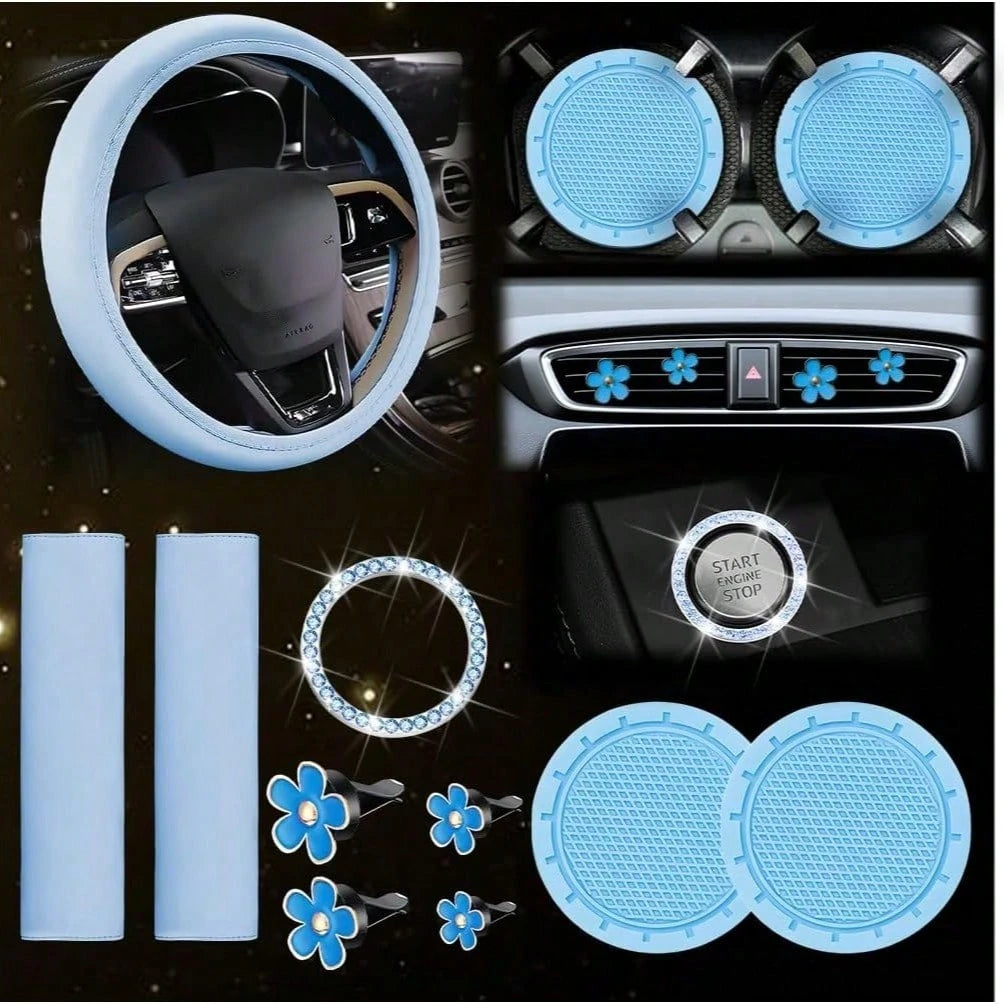 Women's Genuine Leather Steering Wheel Cover 10-Piece Set 14.5-15 Inch Car Accessories With Seat Belt Shoulder Pads, Seat Belt Cover Cup Holder, Start Button Ring Sticker