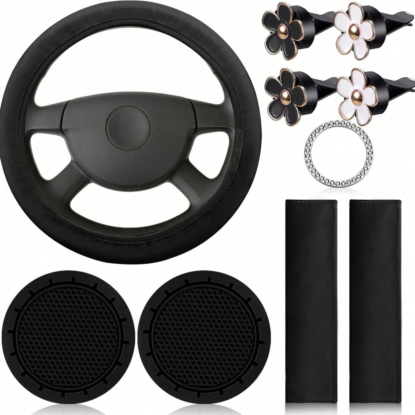 Women's Genuine Leather Steering Wheel Cover 10-Piece Set 14.5-15 Inch Car Accessories With Seat Belt Shoulder Pads, Seat Belt Cover Cup Holder, Start Button Ring Sticker
