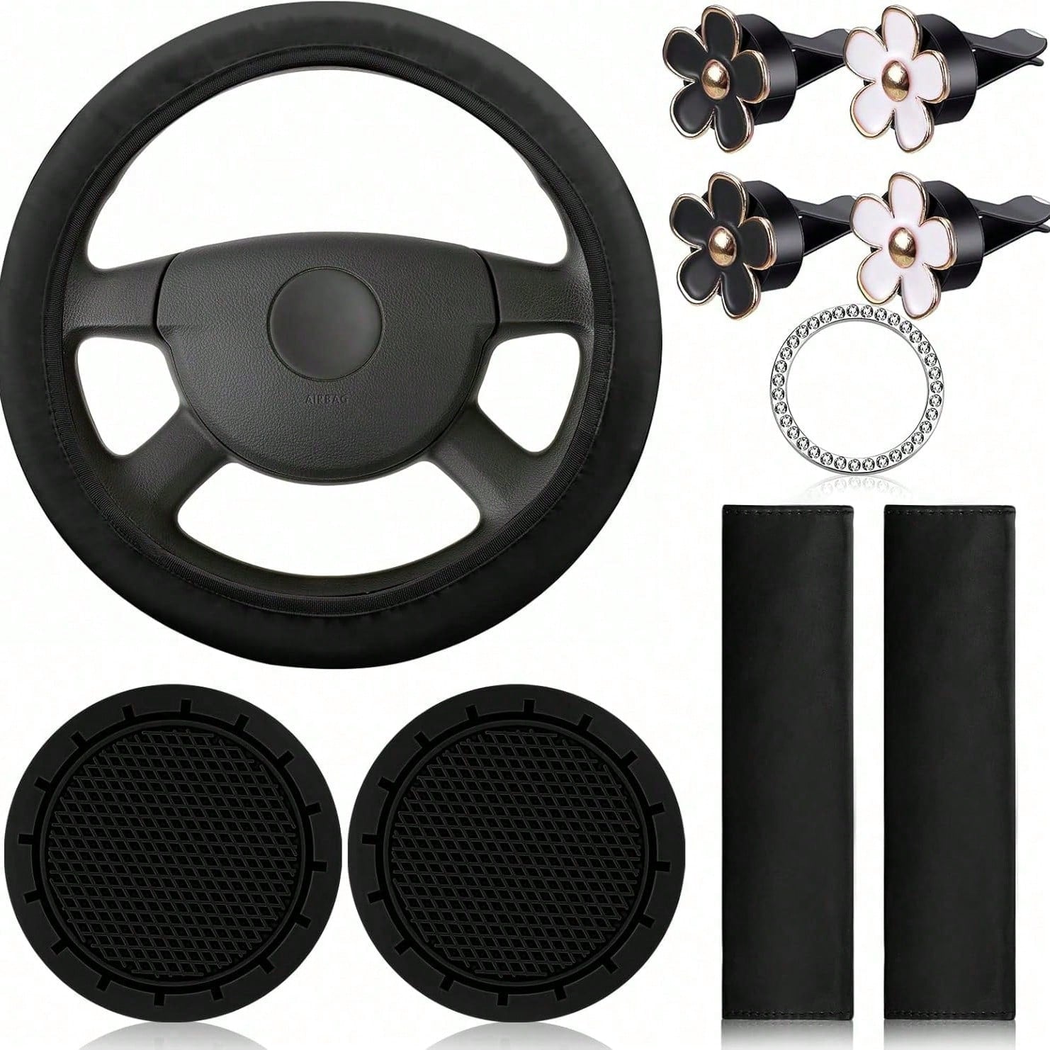 Women's Genuine Leather Steering Wheel Cover 10-Piece Set 14.5-15 Inch Car Accessories With Seat Belt Shoulder Pads, Seat Belt Cover Cup Holder, Start Button Ring Sticker