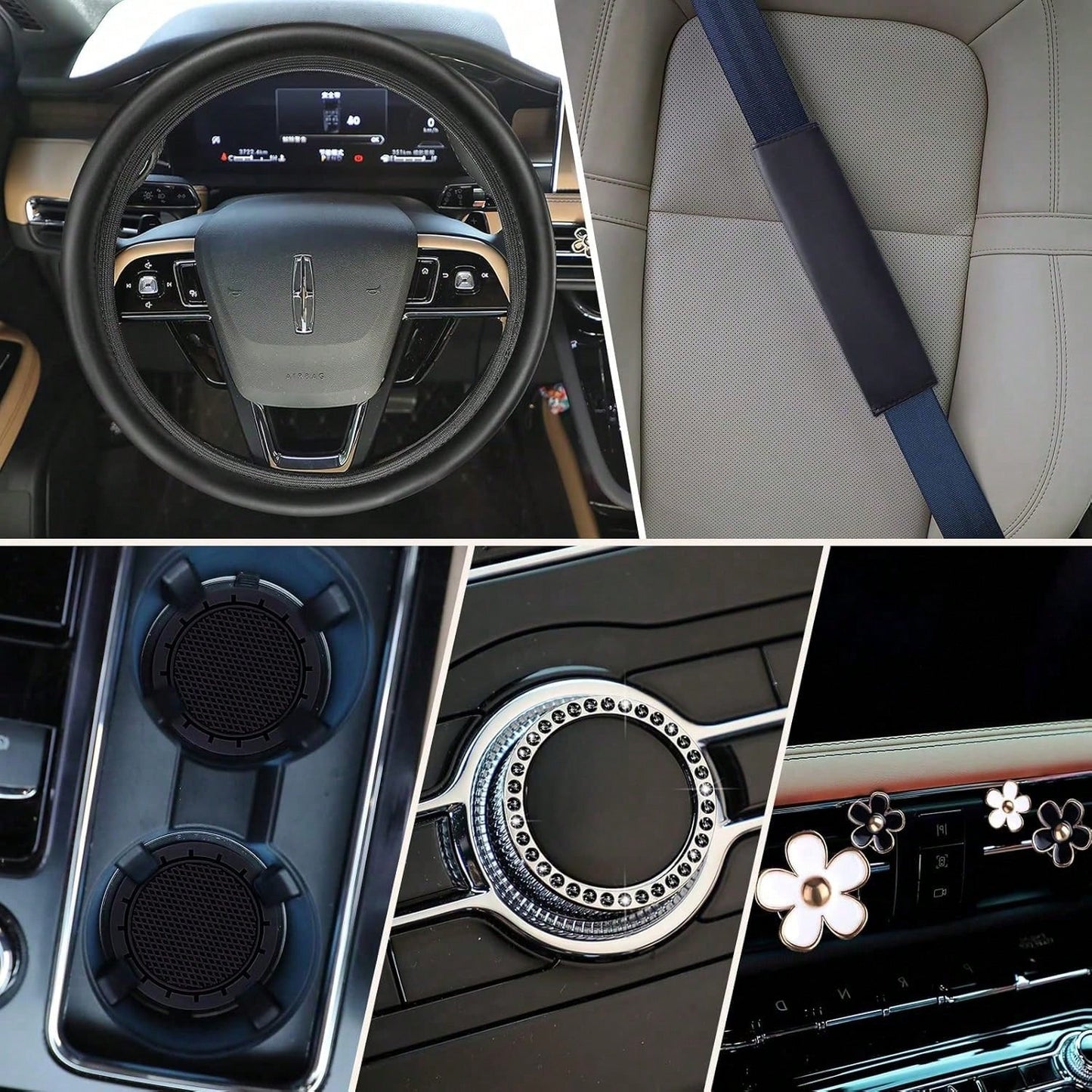 Women's Genuine Leather Steering Wheel Cover 10-Piece Set 14.5-15 Inch Car Accessories With Seat Belt Shoulder Pads, Seat Belt Cover Cup Holder, Start Button Ring Sticker