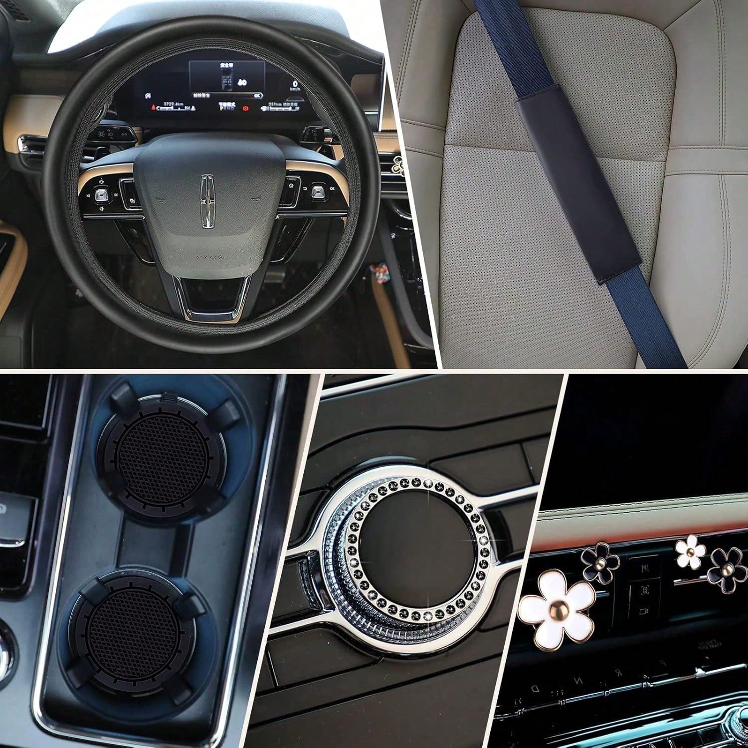 Women's Genuine Leather Steering Wheel Cover 10-Piece Set 14.5-15 Inch Car Accessories With Seat Belt Shoulder Pads, Seat Belt Cover Cup Holder, Start Button Ring Sticker