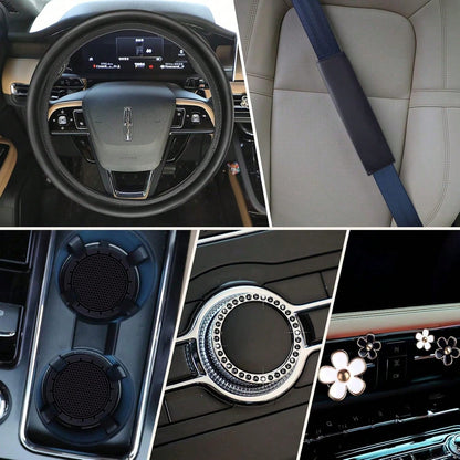 Women's Genuine Leather Steering Wheel Cover 10-Piece Set 14.5-15 Inch Car Accessories With Seat Belt Shoulder Pads, Seat Belt Cover Cup Holder, Start Button Ring Sticker