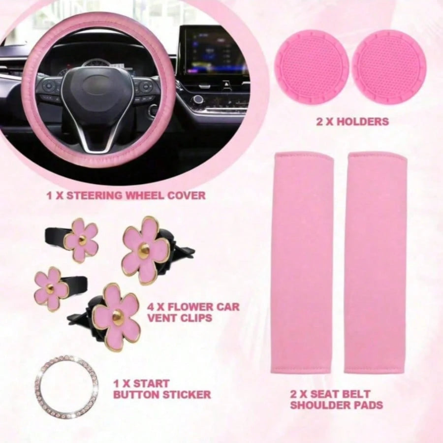 Women's Genuine Leather Steering Wheel Cover 10-Piece Set 14.5-15 Inch Car Accessories With Seat Belt Shoulder Pads, Seat Belt Cover Cup Holder, Start Button Ring Sticker
