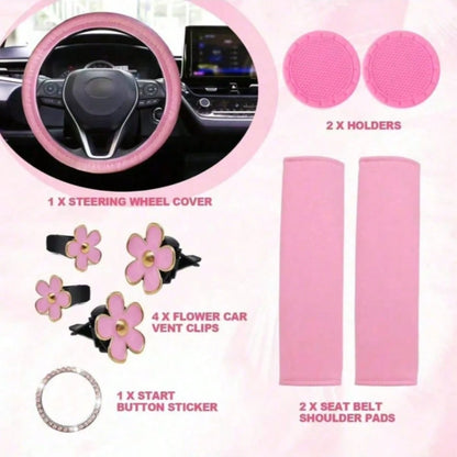 Women's Genuine Leather Steering Wheel Cover 10-Piece Set 14.5-15 Inch Car Accessories With Seat Belt Shoulder Pads, Seat Belt Cover Cup Holder, Start Button Ring Sticker