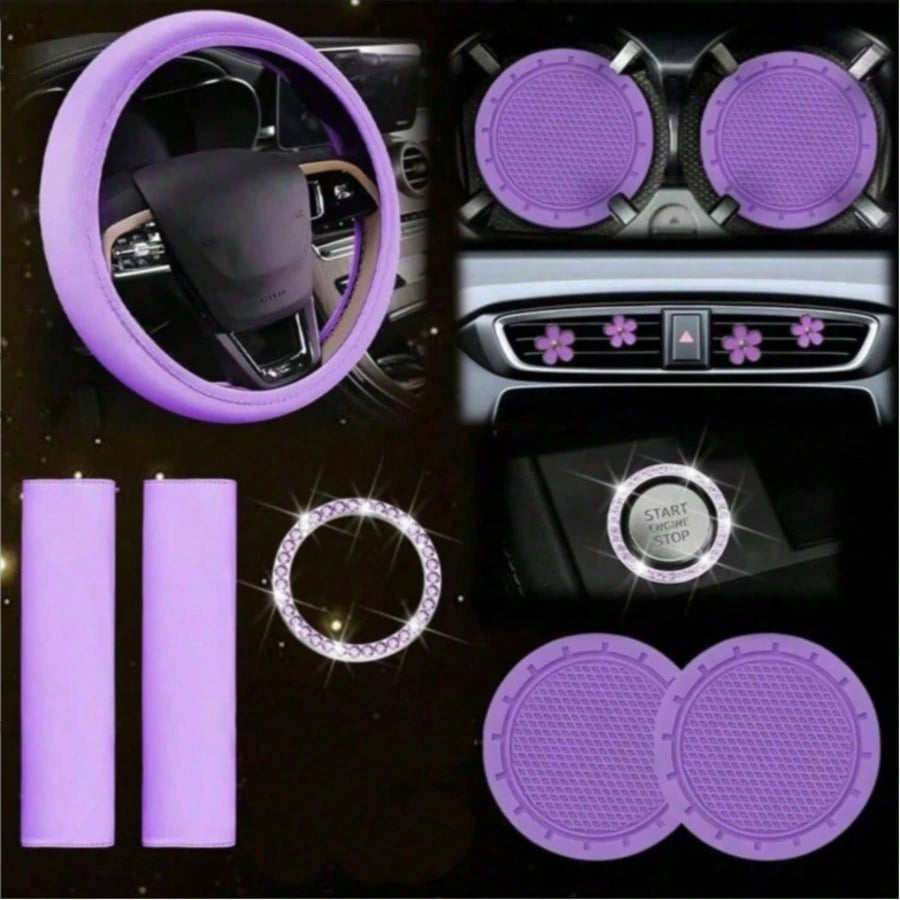 Women's Genuine Leather Steering Wheel Cover 10-Piece Set 14.5-15 Inch Car Accessories With Seat Belt Shoulder Pads, Seat Belt Cover Cup Holder, Start Button Ring Sticker