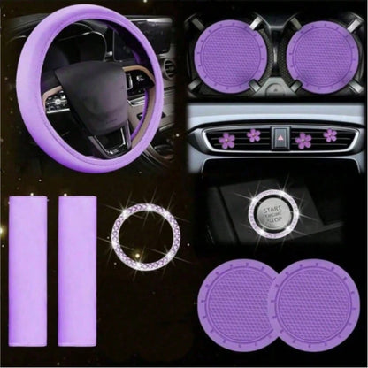 Women's Genuine Leather Steering Wheel Cover 10-Piece Set 14.5-15 Inch Car Accessories With Seat Belt Shoulder Pads, Seat Belt Cover Cup Holder, Start Button Ring Sticker