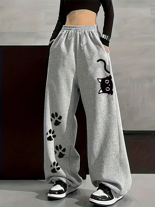 Women's Grey Cozy Thermal Lined Joggers With Paw Print Design And Drawstring Winter