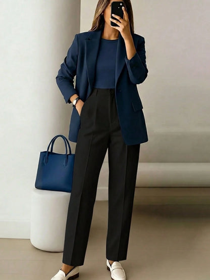 Women's High-Waist Black Long Pants, Minimalist Fashion, Commuter Y2K Style, Comfortable Slim Fit Versatile (Accessories Not Included), Office Siren