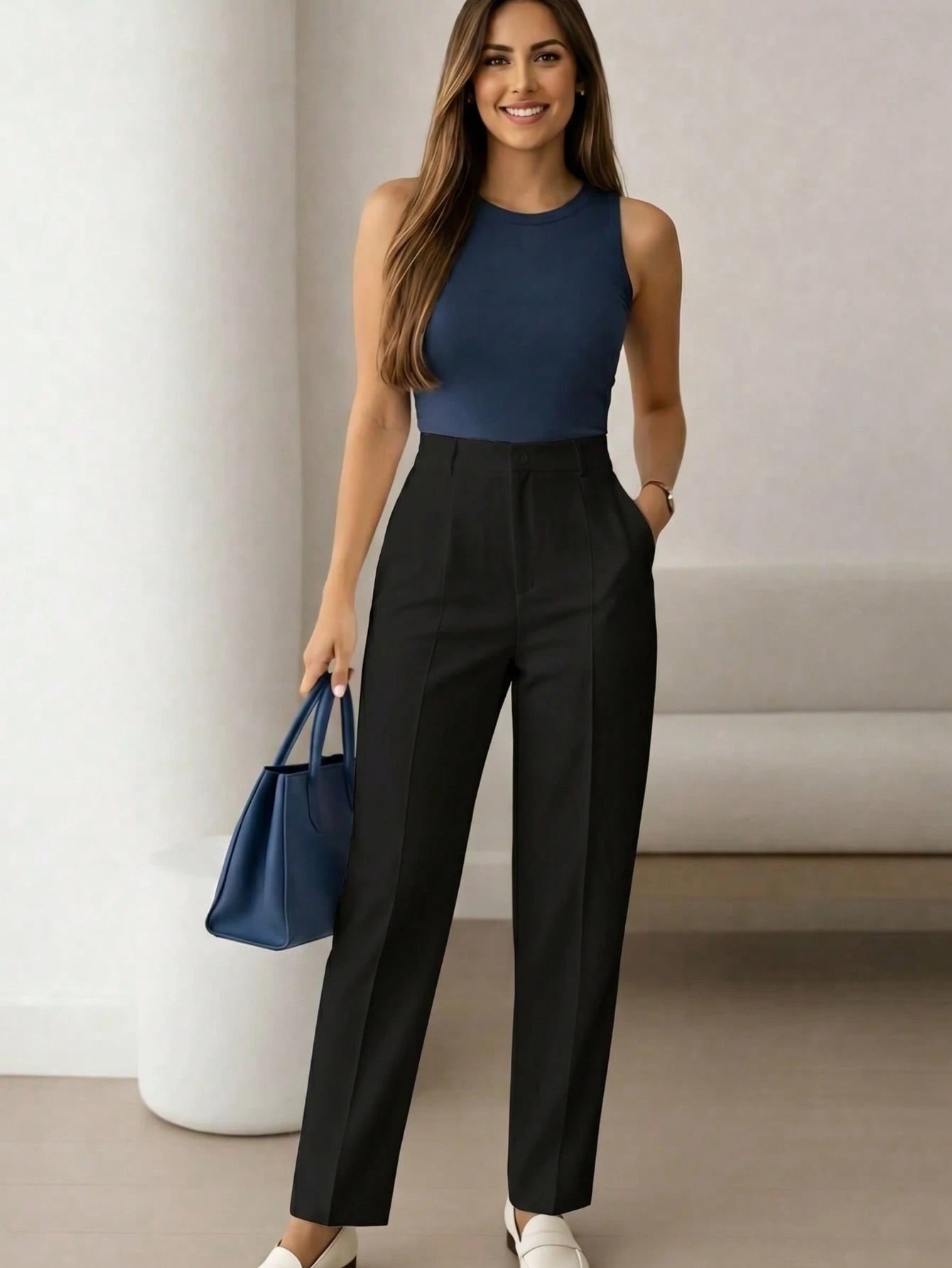 Women's High-Waist Black Long Pants, Minimalist Fashion, Commuter Y2K Style, Comfortable Slim Fit Versatile (Accessories Not Included), Office Siren
