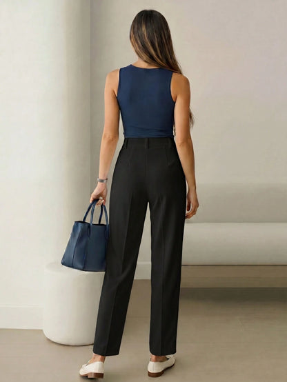 Women's High-Waist Black Long Pants, Minimalist Fashion, Commuter Y2K Style, Comfortable Slim Fit Versatile (Accessories Not Included), Office Siren