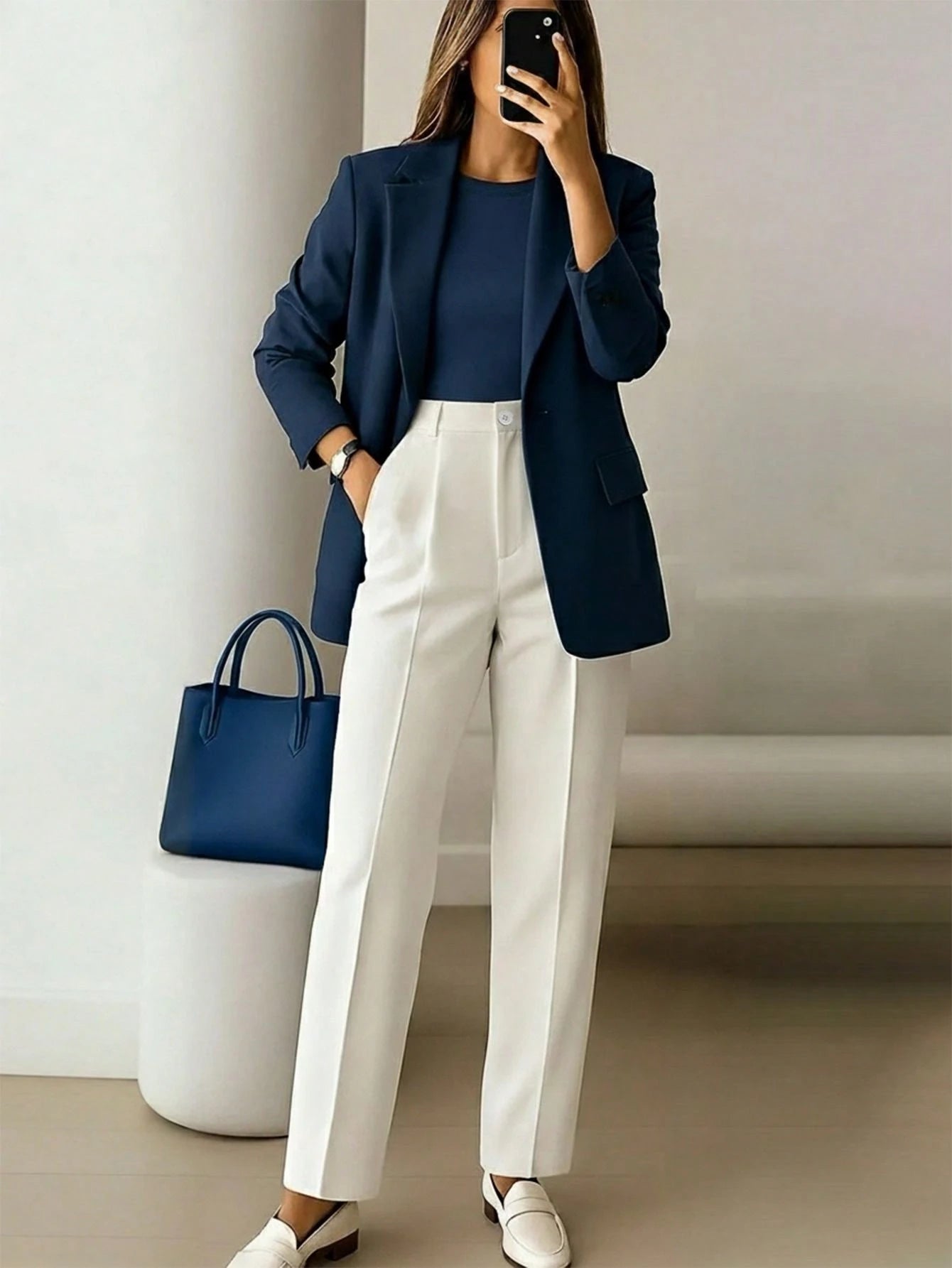 Women's High-Waist Black Long Pants, Minimalist Fashion, Commuter Y2K Style, Comfortable Slim Fit Versatile (Accessories Not Included), Office Siren
