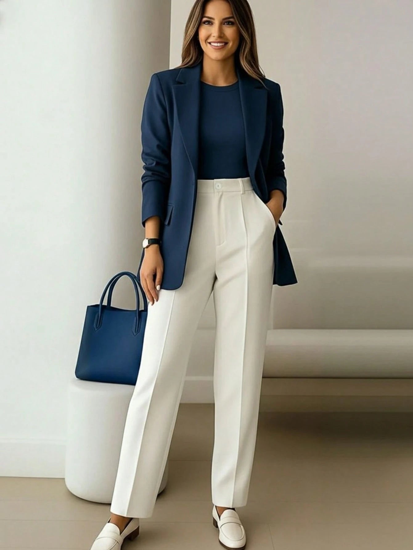 Women's High-Waist Black Long Pants, Minimalist Fashion, Commuter Y2K Style, Comfortable Slim Fit Versatile (Accessories Not Included), Office Siren